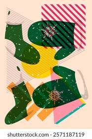 Risograph Mitten Glove and Christmas stocking with geometric shapes. Objects in trendy riso graph print texture style design with geometry elements.