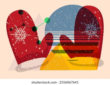 Risograph Mitten Glove with geometric shapes. Objects in trendy riso graph print texture style design with geometry elements.