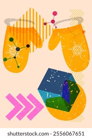 Risograph Mitten Glove with geometric shapes. Objects in trendy riso graph print texture style design with geometry elements.