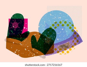 Risograph Mitten Glove and Snow Globe with geometric shapes. Objects in trendy riso graph print texture style design with geometry elements.