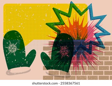 Risograph Mitten Glove with speech bubble with geometric shapes. Objects in trendy riso graph print texture style design with geometry elements.