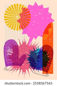 Risograph Mitten Glove with speech bubble with geometric shapes. Objects in trendy riso graph print texture style design with geometry elements.