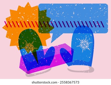 Risograph Mitten Glove with speech bubble with geometric shapes. Objects in trendy riso graph print texture style design with geometry elements.