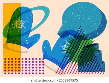 Risograph Mitten Glove with speech bubble with geometric shapes. Objects in trendy riso graph print texture style design with geometry elements.