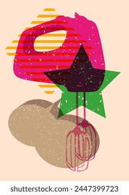 Risograph mixer with speech bubble with geometric shapes. Objects in trendy riso graph print texture style design with geometry elements.