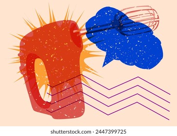 Risograph mixer with speech bubble with geometric shapes. Objects in trendy riso graph print texture style design with geometry elements.