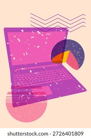 Risograph Notebook, Laptop mit geometrischen Formen. Objekte im trendigen Riso-Graphen drucken Textur Stil Design mit Geometrieelementen.