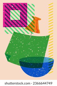 Risograph notepaper with pinned pushbutton with geometric shapes. Object in trendy riso graph design. Geometry elements abstract risograph print texture style.