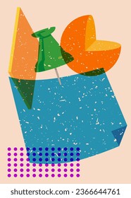 Risograph notepaper with pinned pushbutton with geometric shapes. Object in trendy riso graph design. Geometry elements abstract risograph print texture style.