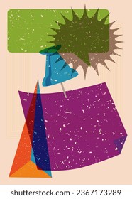 Risograph notepaper with pinned pushbutton, speech bubble and geometric shapes. Object in trendy riso graph design. Geometry elements abstract risograph print texture style.