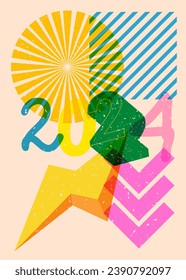 Risograph number 2024 with geometric shapes. Objects in trendy riso graph print texture style design with geometry elements.