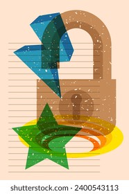 Risograph Padlock with geometric shapes. Objects in trendy riso graph print texture style design with geometry elements.