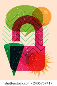 Risograph Padlock with speech bubble with geometric shapes. Objects in trendy riso graph print texture style design with geometry elements.