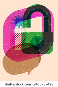 Padlock de Risograph con burbuja de voz con formas geométricas. Objetos en diseño de estilo de textura de impresión del gráfico de riso con elementos geométricos.