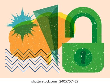 Risograph Padlock with speech bubble with geometric shapes. Objects in trendy riso graph print texture style design with geometry elements.