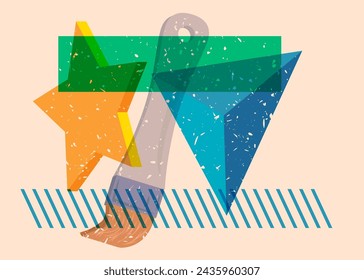 Risograph Paintbrush with geometric shapes. Objects in trendy riso graph print texture style design with geometry elements.
