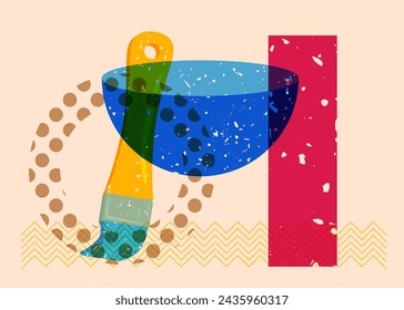 Risograph Paintbrush with geometric shapes. Objects in trendy riso graph print texture style design with geometry elements.