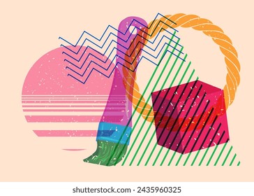 Risograph Paintbrush with geometric shapes. Objects in trendy riso graph print texture style design with geometry elements.