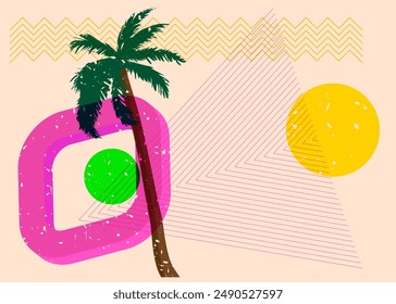 Risograph Palm Tree with geometric shapes. Objects in trendy riso graph print texture style design with geometry elements.