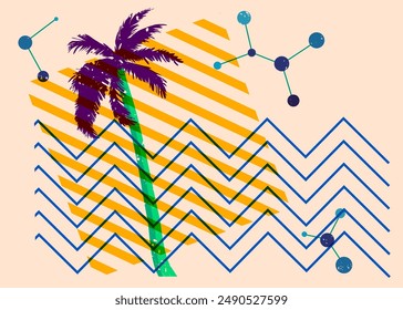 Risograph Palm Tree with geometric shapes. Objects in trendy riso graph print texture style design with geometry elements.