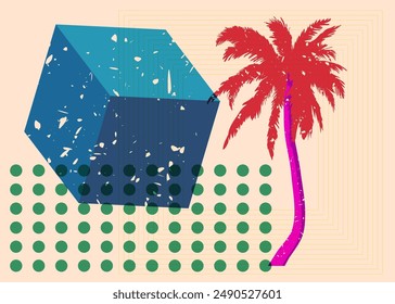 Risograph Palm Tree with geometric shapes. Objects in trendy riso graph print texture style design with geometry elements.