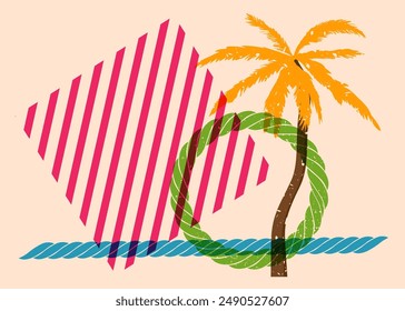 Risograph Palm Tree with geometric shapes. Objects in trendy riso graph print texture style design with geometry elements.