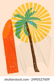 Risograph Palm Tree with geometric shapes. Objects in trendy riso graph print texture style design with geometry elements.