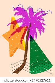 Risograph Palm Tree with geometric shapes. Objects in trendy riso graph print texture style design with geometry elements.