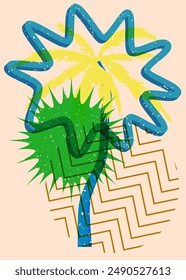 Risograph Palm Tree with geometric shapes. Objects in trendy riso graph print texture style design with geometry elements.