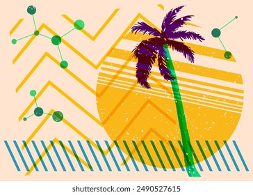 Risograph Palm Tree with geometric shapes. Objects in trendy riso graph print texture style design with geometry elements.