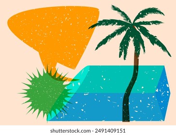 Risograph Palm Tree with speech bubble with geometric shapes. Objects in trendy riso graph print texture style design with geometry elements.