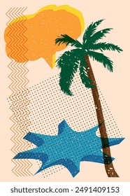 Risograph Palm Tree with speech bubble with geometric shapes. Objects in trendy riso graph print texture style design with geometry elements.