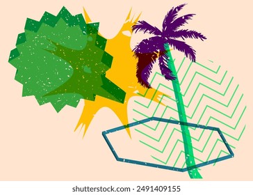 Risograph Palm Tree with speech bubble with geometric shapes. Objects in trendy riso graph print texture style design with geometry elements.