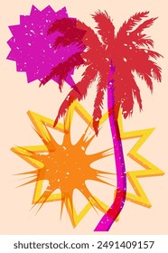 Risograph Palm Tree with speech bubble with geometric shapes. Objects in trendy riso graph print texture style design with geometry elements.