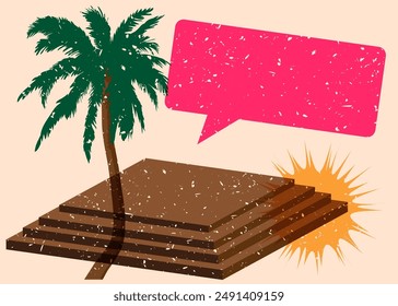 Risograph Palm Tree with speech bubble with geometric shapes. Objects in trendy riso graph print texture style design with geometry elements.