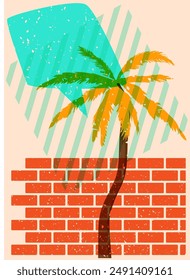 Risograph Palm Tree with speech bubble with geometric shapes. Objects in trendy riso graph print texture style design with geometry elements.