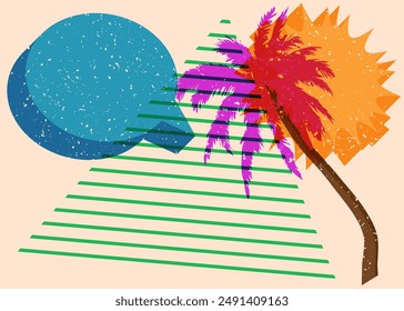 Risograph Palm Tree with speech bubble with geometric shapes. Objects in trendy riso graph print texture style design with geometry elements.