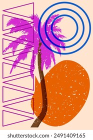 Risograph Palm Tree with speech bubble with geometric shapes. Objects in trendy riso graph print texture style design with geometry elements.