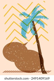 Risograph Palm Tree with speech bubble with geometric shapes. Objects in trendy riso graph print texture style design with geometry elements.