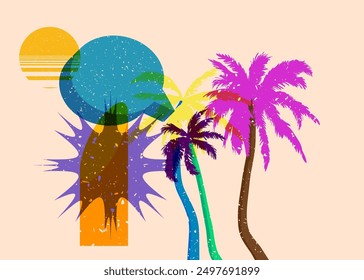 Risograph Palm Tree with speech bubble with geometric shapes. Objects in trendy riso graph print texture style design with geometry elements.