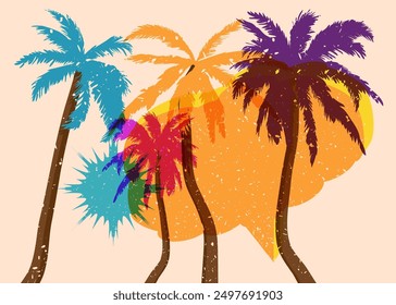 Risograph Palm Tree with speech bubble with geometric shapes. Objects in trendy riso graph print texture style design with geometry elements.