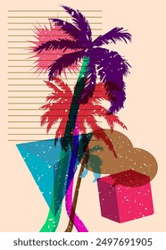 Risograph Palm Tree with speech bubble with geometric shapes. Objects in trendy riso graph print texture style design with geometry elements.