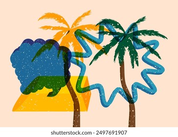 Risograph Palm Tree with speech bubble with geometric shapes. Objects in trendy riso graph print texture style design with geometry elements.