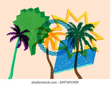 Risograph Palm Tree with speech bubble with geometric shapes. Objects in trendy riso graph print texture style design with geometry elements.