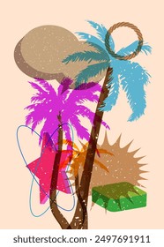 Risograph Palm Tree with speech bubble with geometric shapes. Objects in trendy riso graph print texture style design with geometry elements.