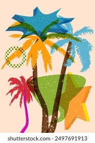 Risograph Palm Tree with speech bubble with geometric shapes. Objects in trendy riso graph print texture style design with geometry elements.