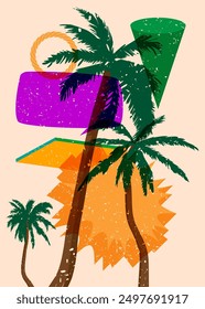 Risograph Palm Tree with speech bubble with geometric shapes. Objects in trendy riso graph print texture style design with geometry elements.