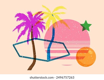 Risograph Palm Trees with geometric shapes. Objects in trendy riso graph print texture style design with geometry elements.