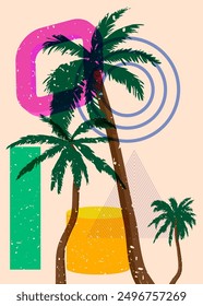 Risograph Palm Trees with geometric shapes. Objects in trendy riso graph print texture style design with geometry elements.