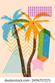 Risograph Palm Trees with geometric shapes. Objects in trendy riso graph print texture style design with geometry elements.